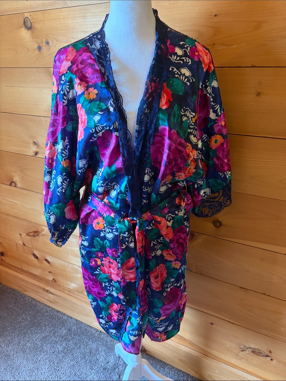 Vintage Floral Satin Kimono Jacket in Navy and Multicolor